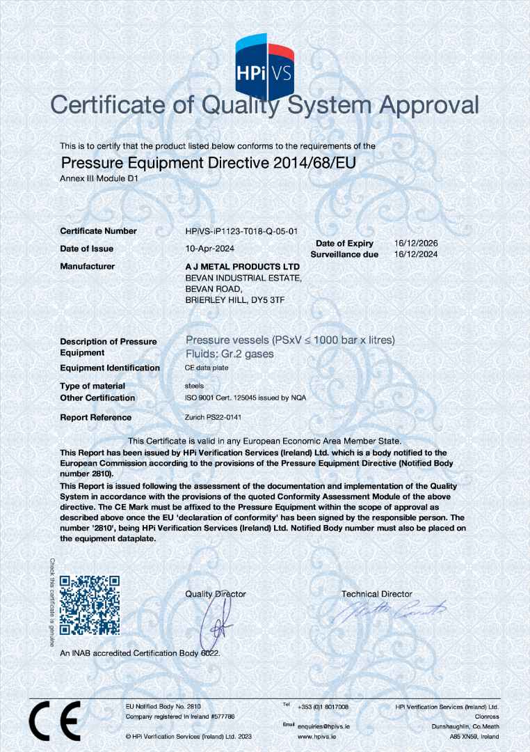 Pressure Equipment Regulations Module D1 Certificate